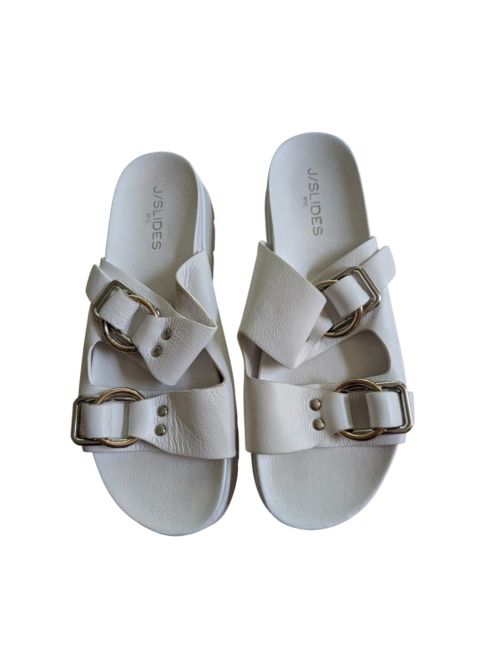 J/Slides Baha Sandals White Leather Slip On Shoes Women's 10 Buckle Platform